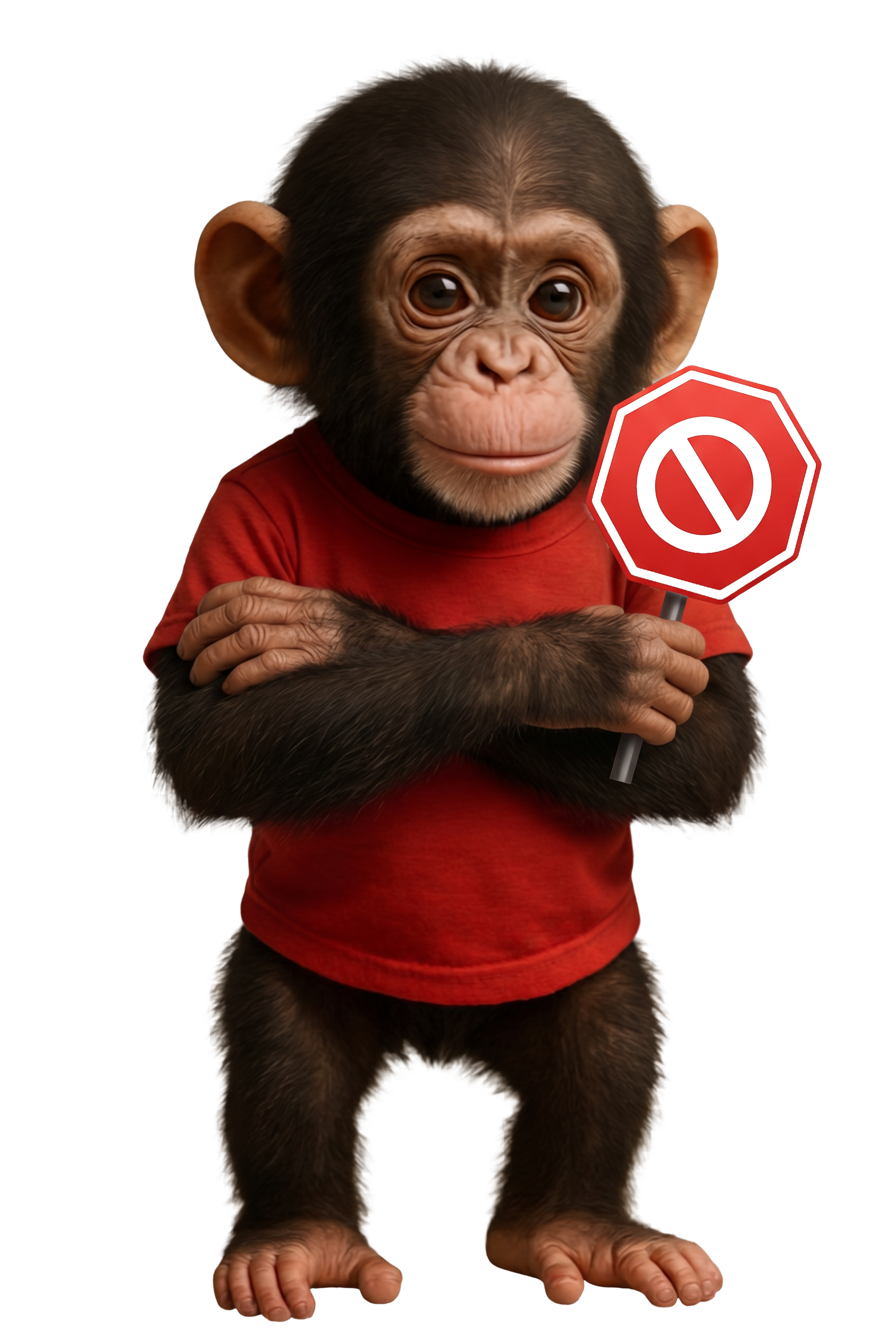Binky, the baby chimp coach in a red shirt, arms crossed and holding a red stop sign.